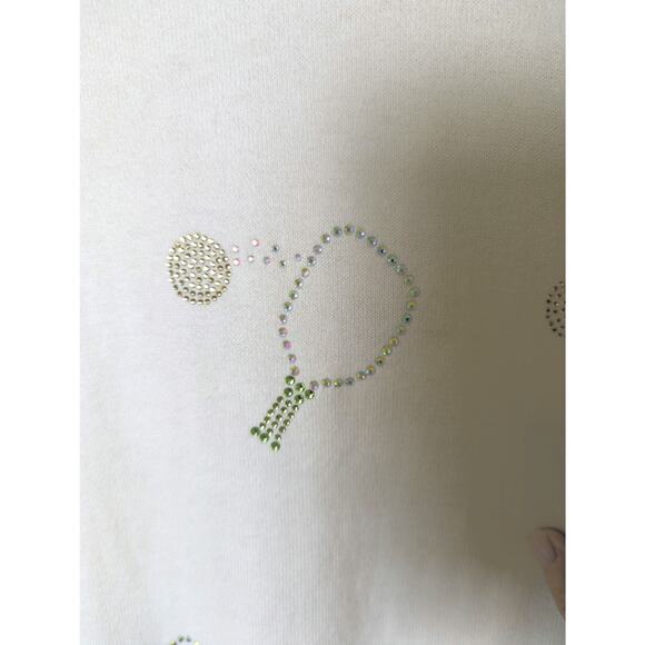 Minnie Rose Cashmere Blend Pickleball Frayed Edge White Sweater Shirt Women Sz L - Picture 9 of 10